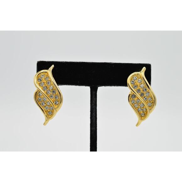 Vintage Leaf Earrings Shiny Pave Rhinestone Crystal Gold Dangle 1980s 9C - Picture 1 of 7
